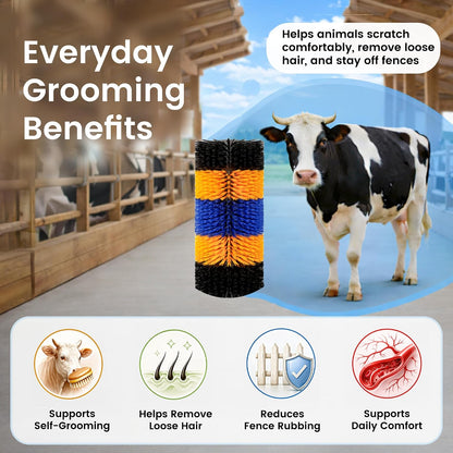 Joynny animal grooming post pad installed on a wooden barn pillar for cow massage