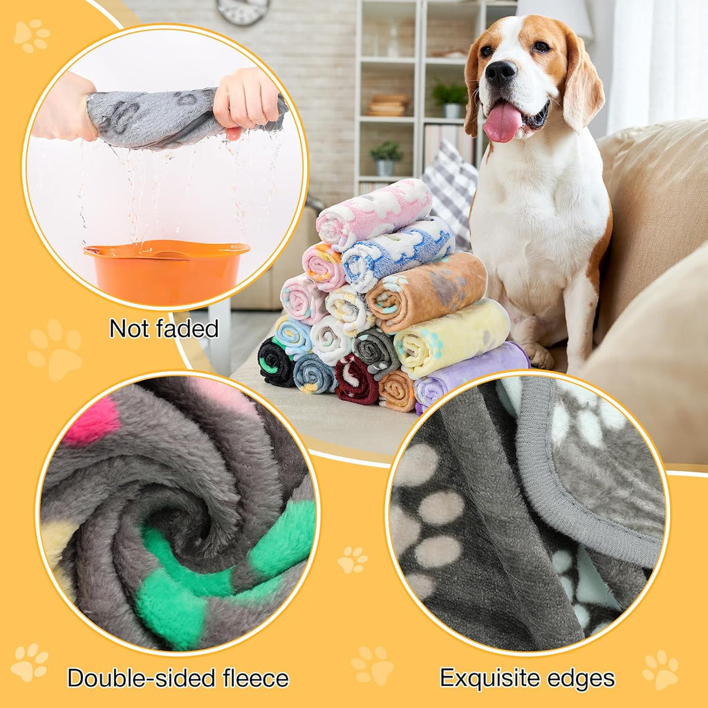 Fluffy coral fleece puppy blankets featuring paw and bone cartoon designs