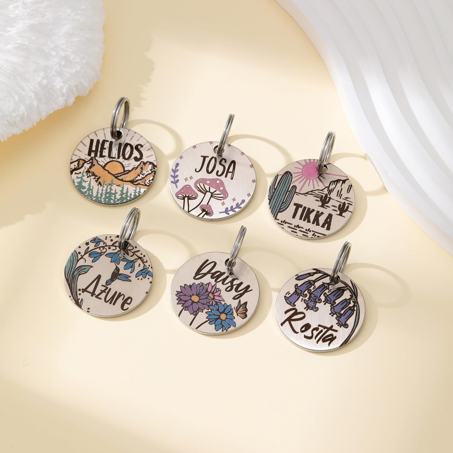 Durable 316 stainless steel pet identification disk with vibrant desert art.