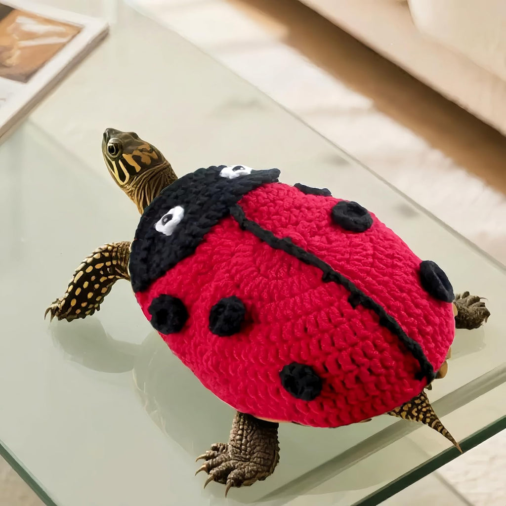 Red handmade tortoise costume shell decoration for pet photography.