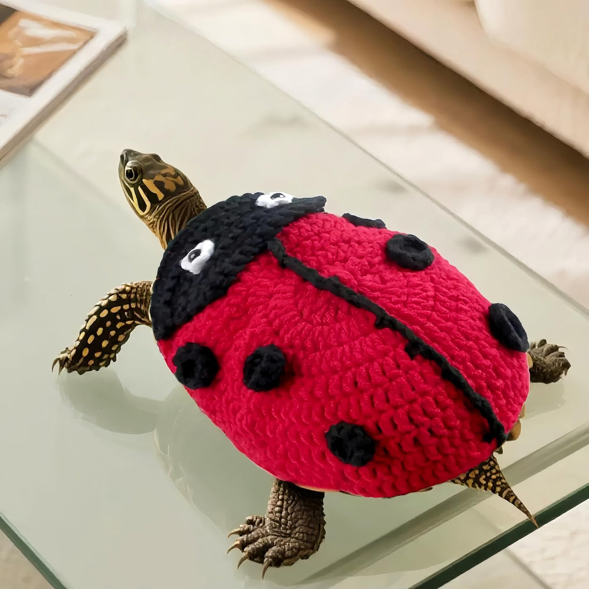 Red handmade tortoise costume shell decoration for pet photography.