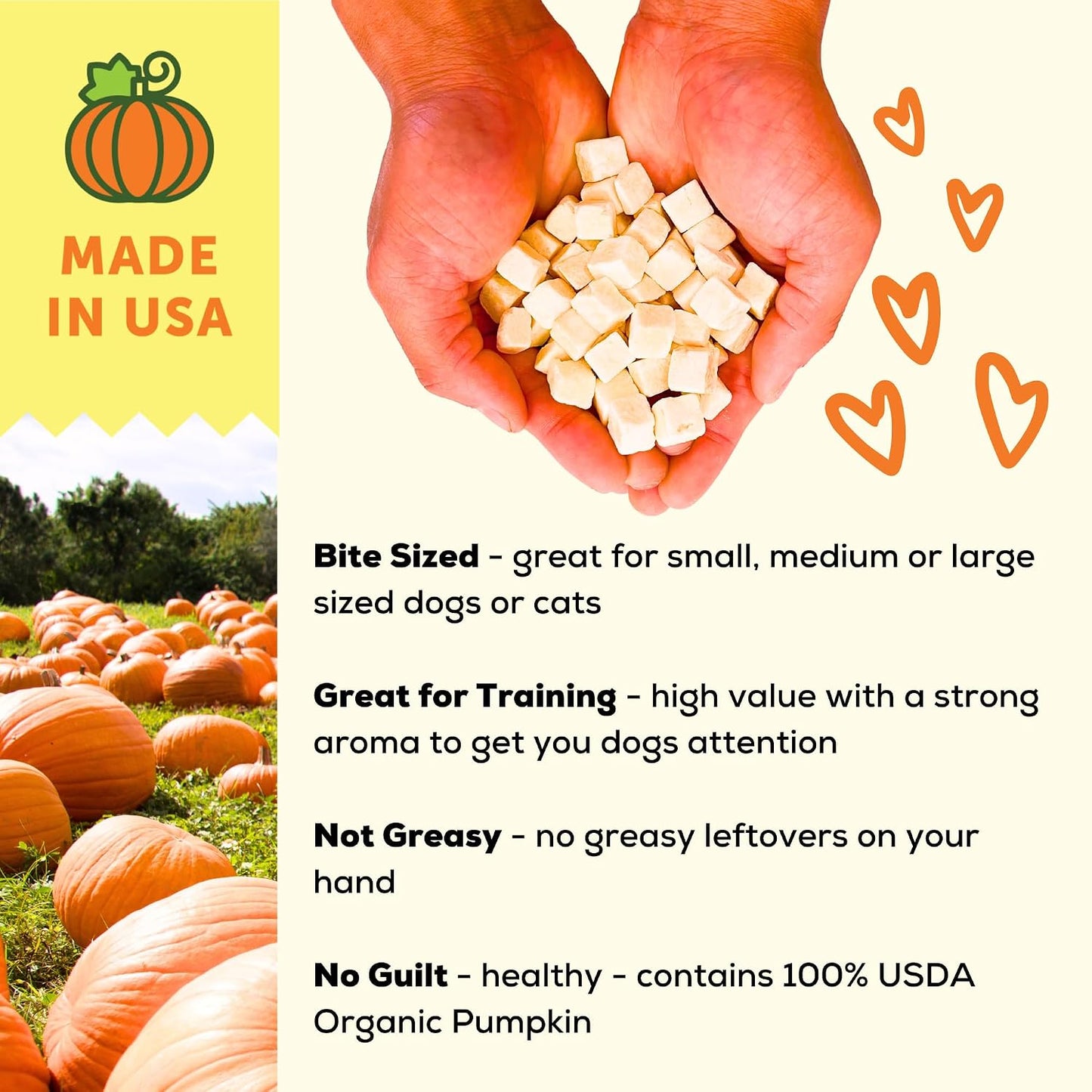 A Better Treat organic pumpkin cubes being crushed into a bowl as a healthy kibble topper