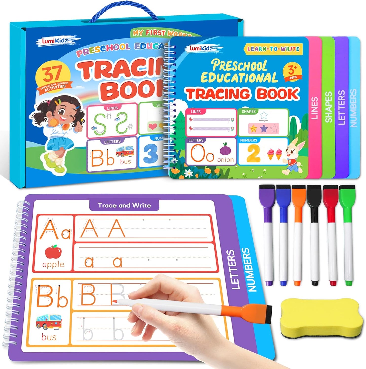 Lumikidz preschool learning activities front view showing the colorful reusable handwriting practice book cover.
