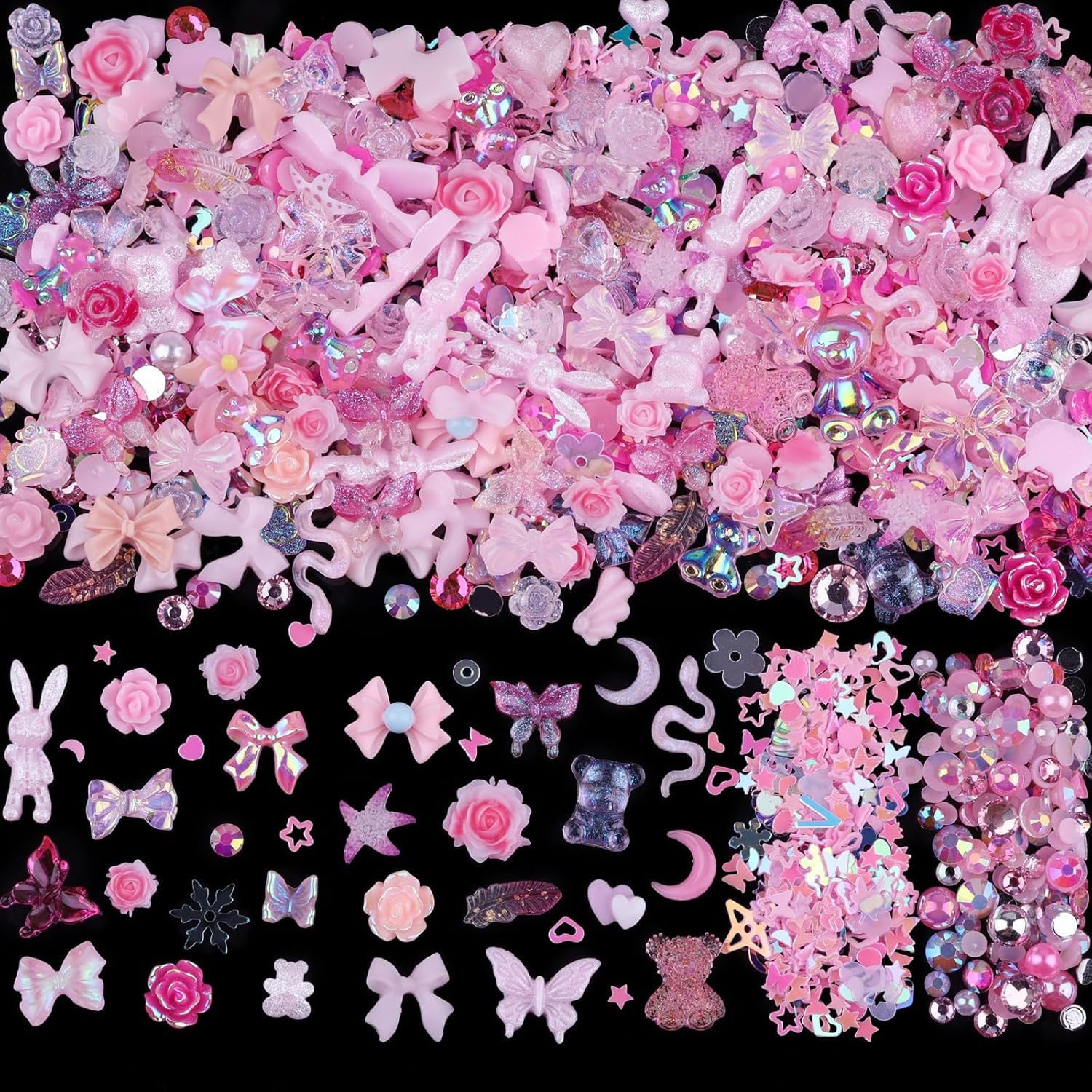300pcs Nail Art Charms Kit,Over 100pcs Mixshape Resin Gems and 100 pcs Mixed Flatback Nail Rhinestones Pearls with Over 100pcs Sequins for Women's Manicure Making (Pink) - Image 1