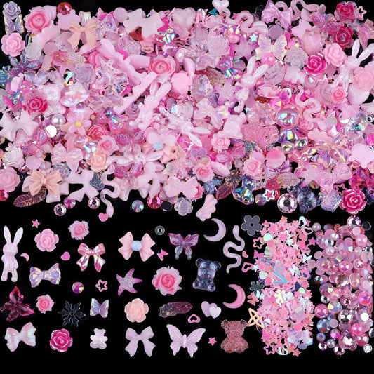 300pcs Nail Art Charms Kit,Over 100pcs Mixshape Resin Gems and 100 pcs Mixed Flatback Nail Rhinestones Pearls with Over 100pcs Sequins for Women's Manicure Making (Pink) - Image 1