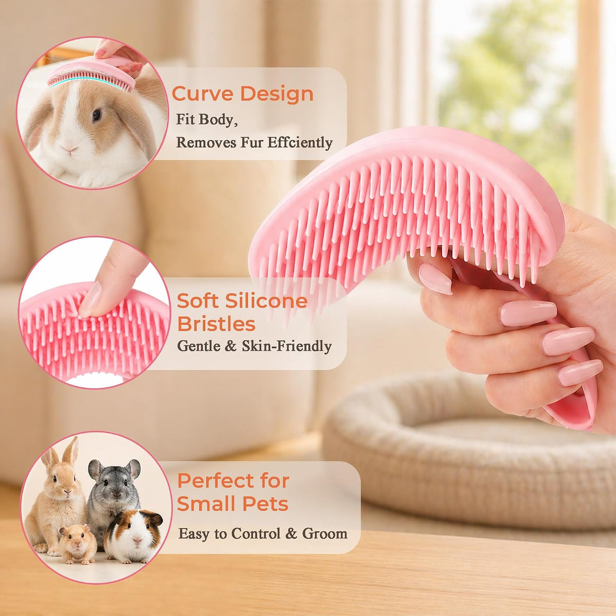 Pink compact pet brush for guinea pigs and hamsters shedding removal