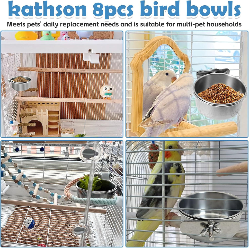 kathson 8 Pack Bird Feeding Dish Cups, Stainless Steel Parrot Feeders Water Cage Bowls with Clamp Holder Bird Feeders for Parakeet Cockatiels Conure Budgies Lovebird Finch and Small Animals - Image 2