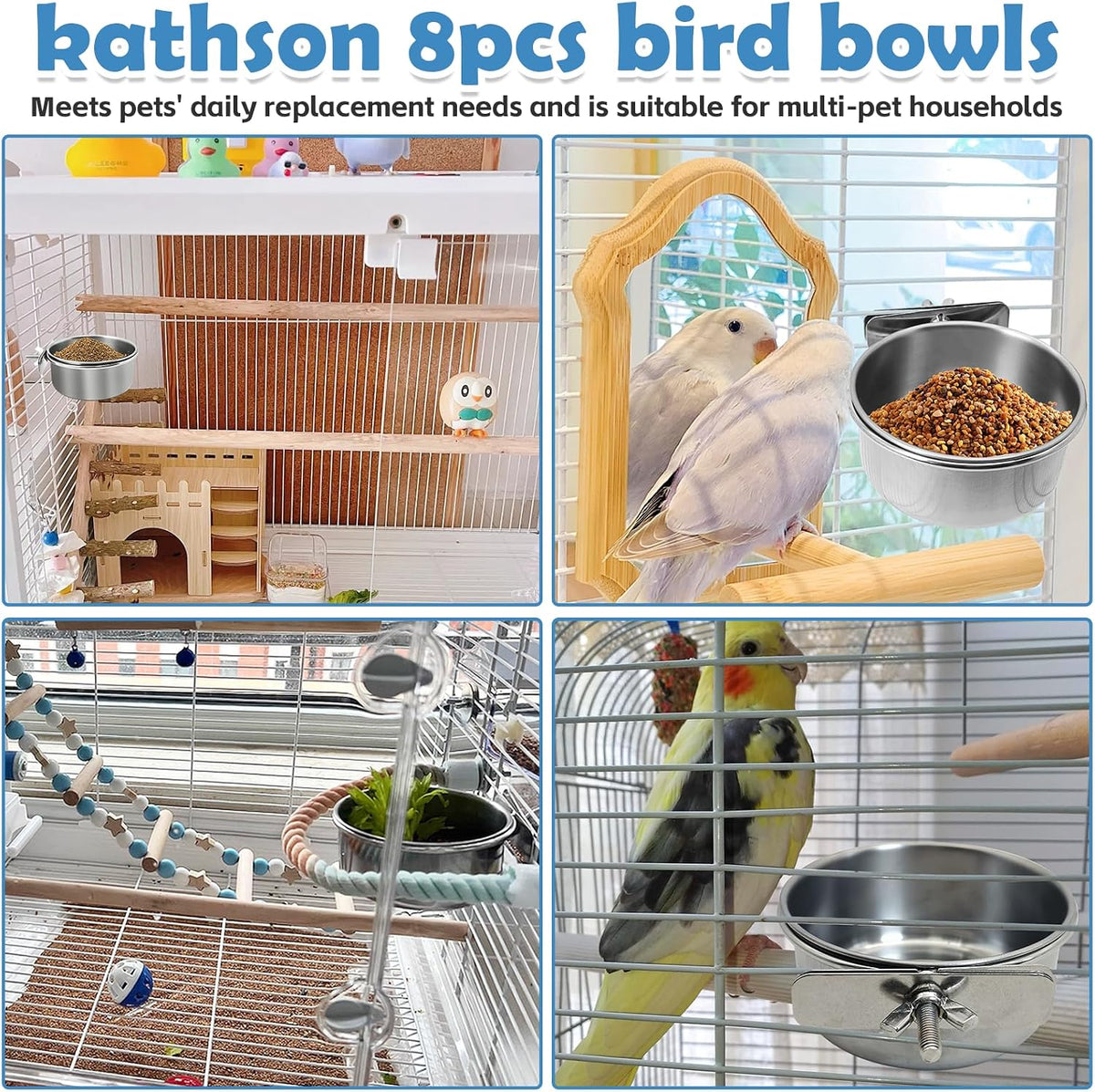 kathson 8 Pack Bird Feeding Dish Cups, Stainless Steel Parrot Feeders Water Cage Bowls with Clamp Holder Bird Feeders for Parakeet Cockatiels Conure Budgies Lovebird Finch and Small Animals - Image 2