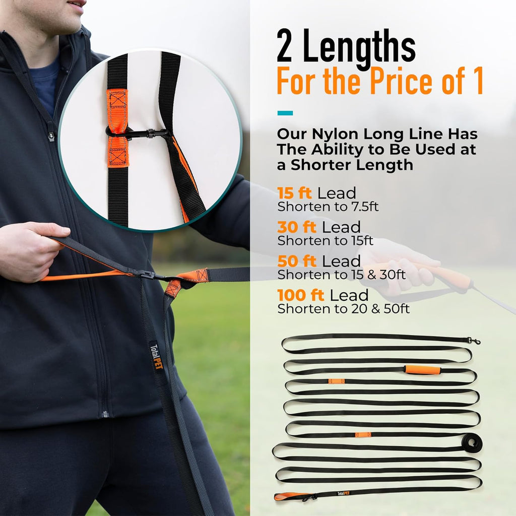 Total Pet long distance training leash packed inside the included black drawstring storage bag