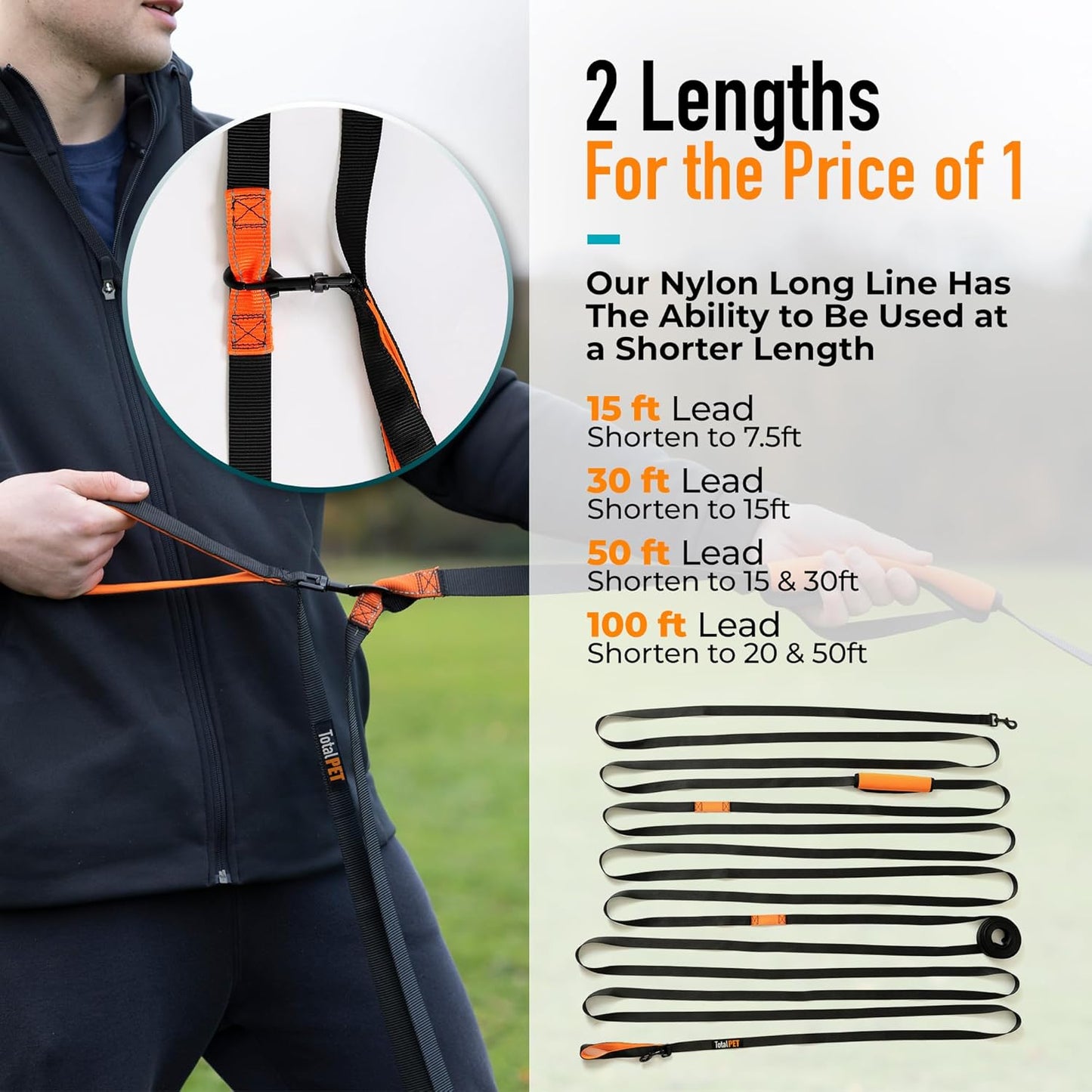 Total Pet long distance training leash packed inside the included black drawstring storage bag