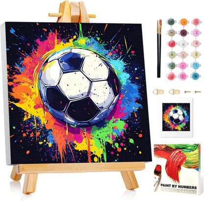Mandun soccer paint by numbers kit for kids front view of the packaging and canvas.