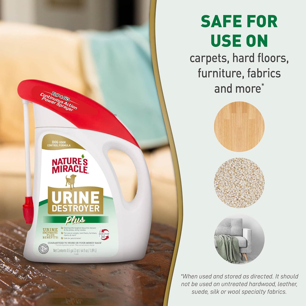 Nature's Miracle bio enzymatic dog stain treatment container on floor