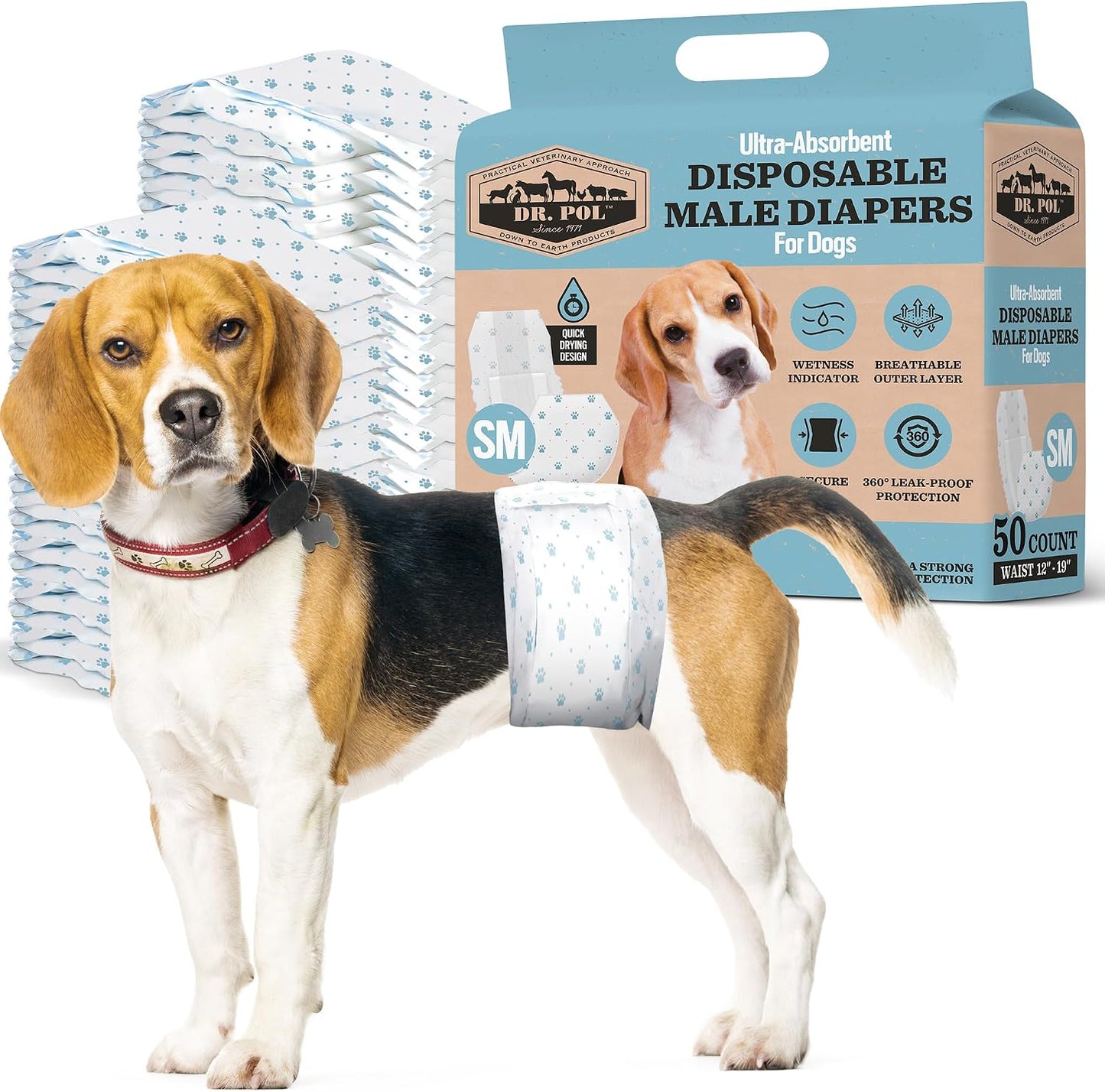 Dr. Pol Male Dog Diapers front packaging view showing fifty count disposable wraps.