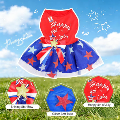 Close up of blue star tulle skirt and red bow detail