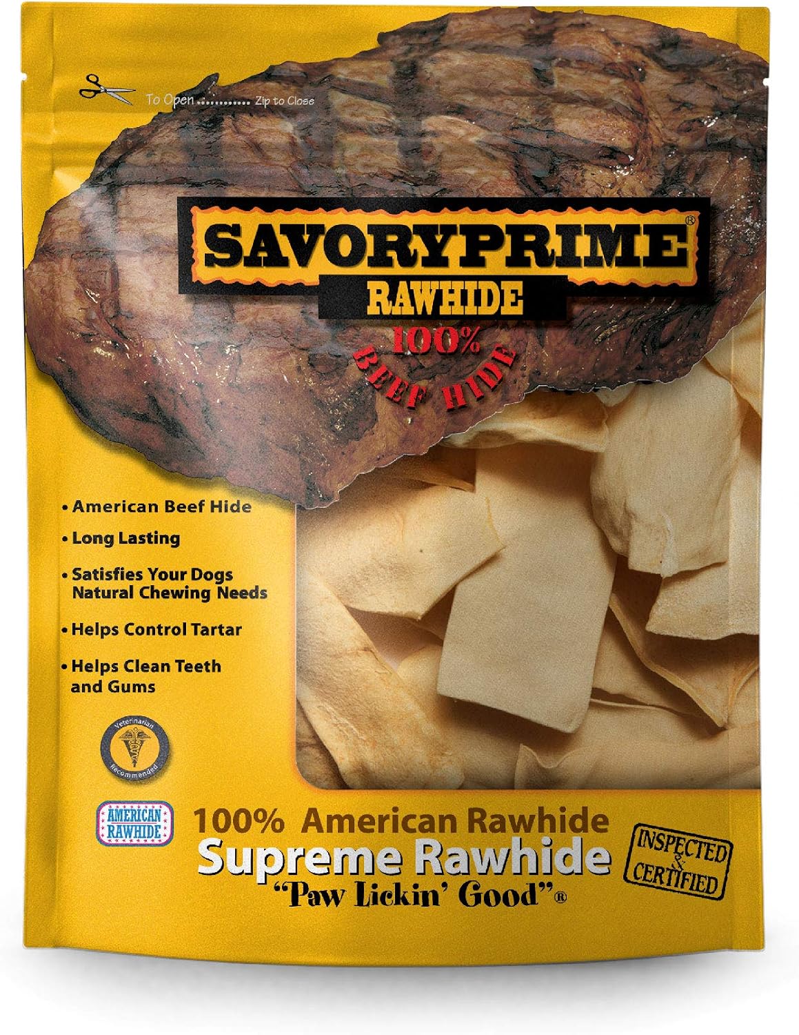 Back view of Savory Prime pet treat package showing product quality standards.