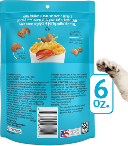 Premium crunchy cat treats pack of six pouches close up view.