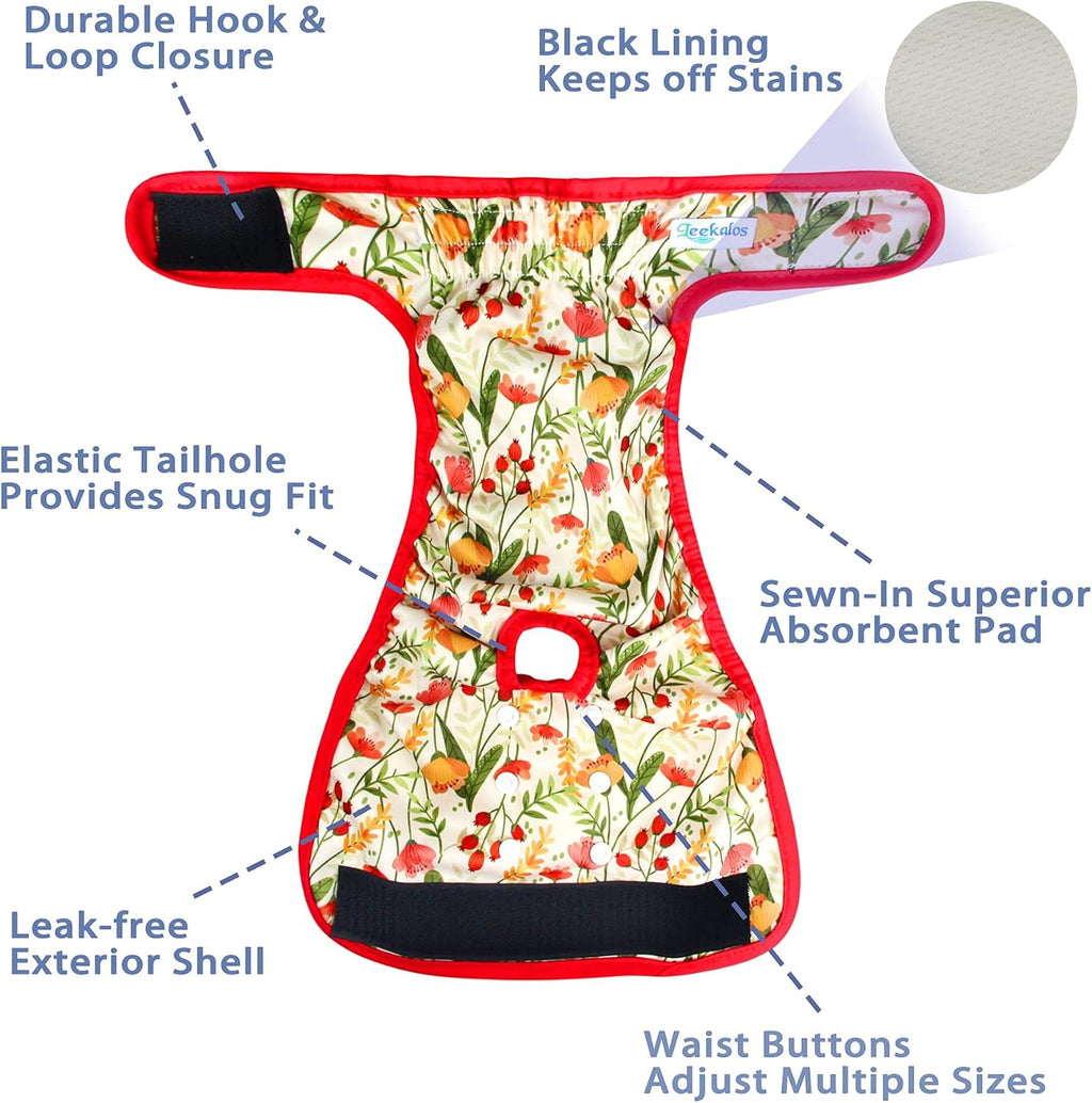 Leekalos washable doggie period panties showing the adjustable snap button configuration.