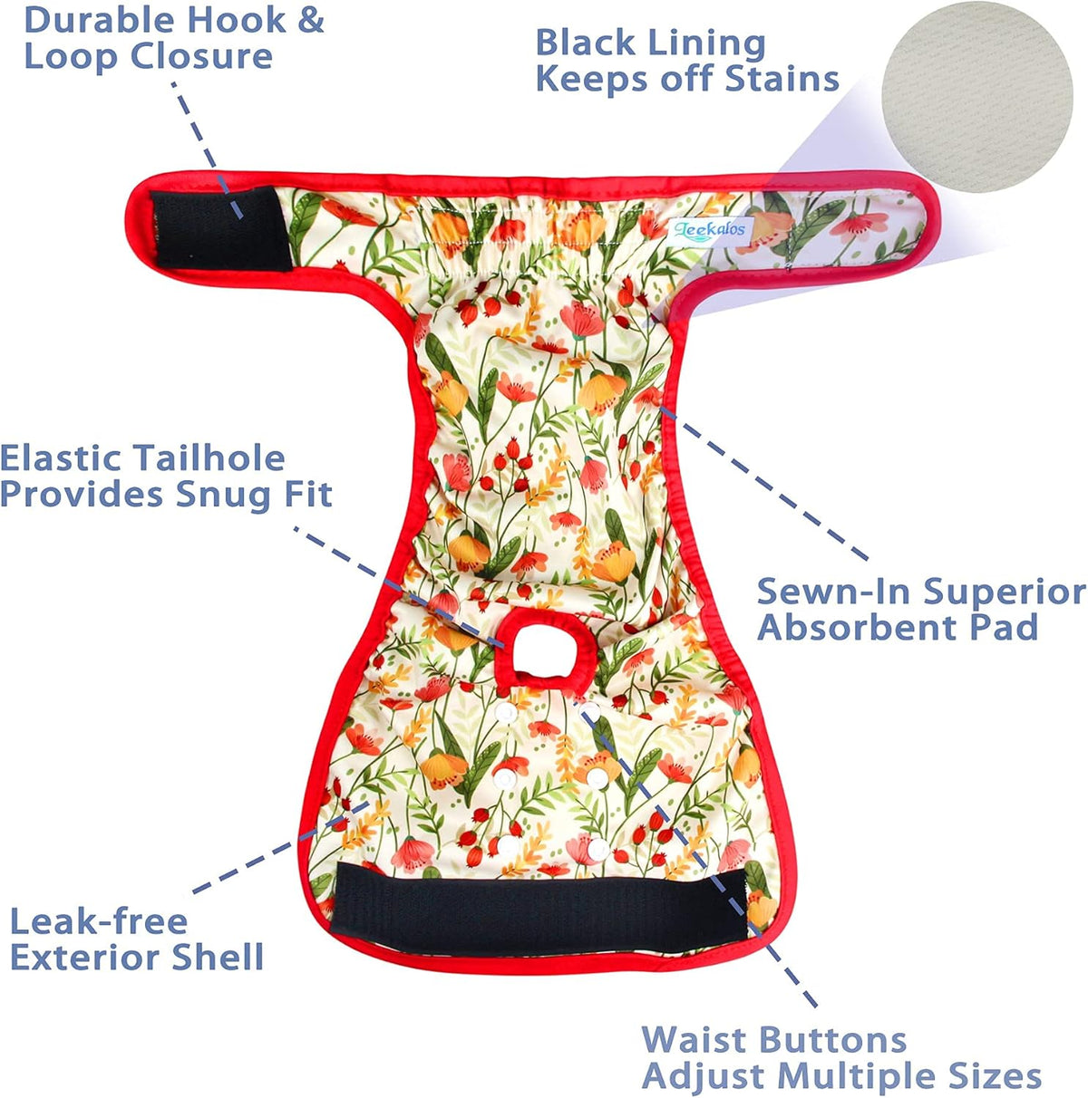 Leekalos washable doggie period panties showing the adjustable snap button configuration.