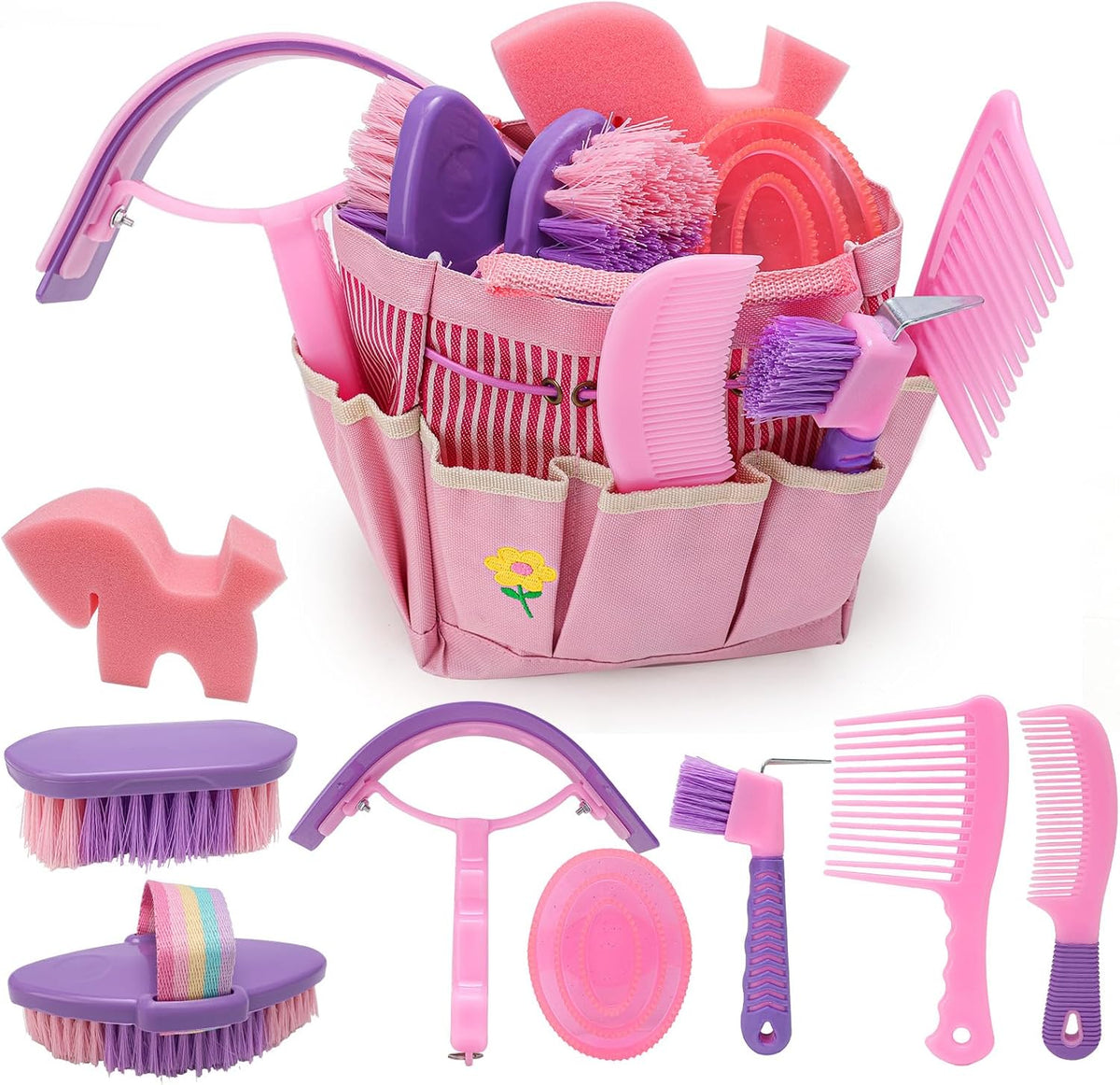 Idunseed horse grooming kit front view featuring the pink organizer tote bag filled with brushes.