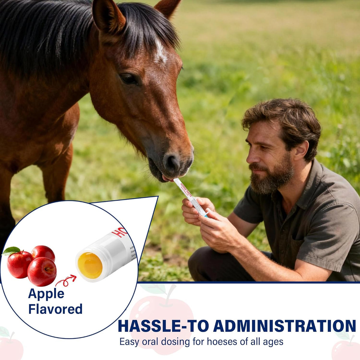 Close up of 1.87% apple flavored horse dewormer syringe