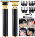 Candyfouse professional beard trimmer front view showing black patterned handle and gold motor housing