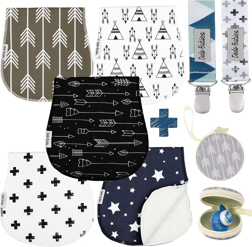 Dodo Babies 5-Pack Baby Burp Cloths - Soft Absorbent & Neutral Burp Cloths - Contoured Shoulder Fit & Baby Boy Essentials - Includes Pacifier Case & Pacifier Clip - Blue Grey Black, 2 Clips & 1 Case - Image 1