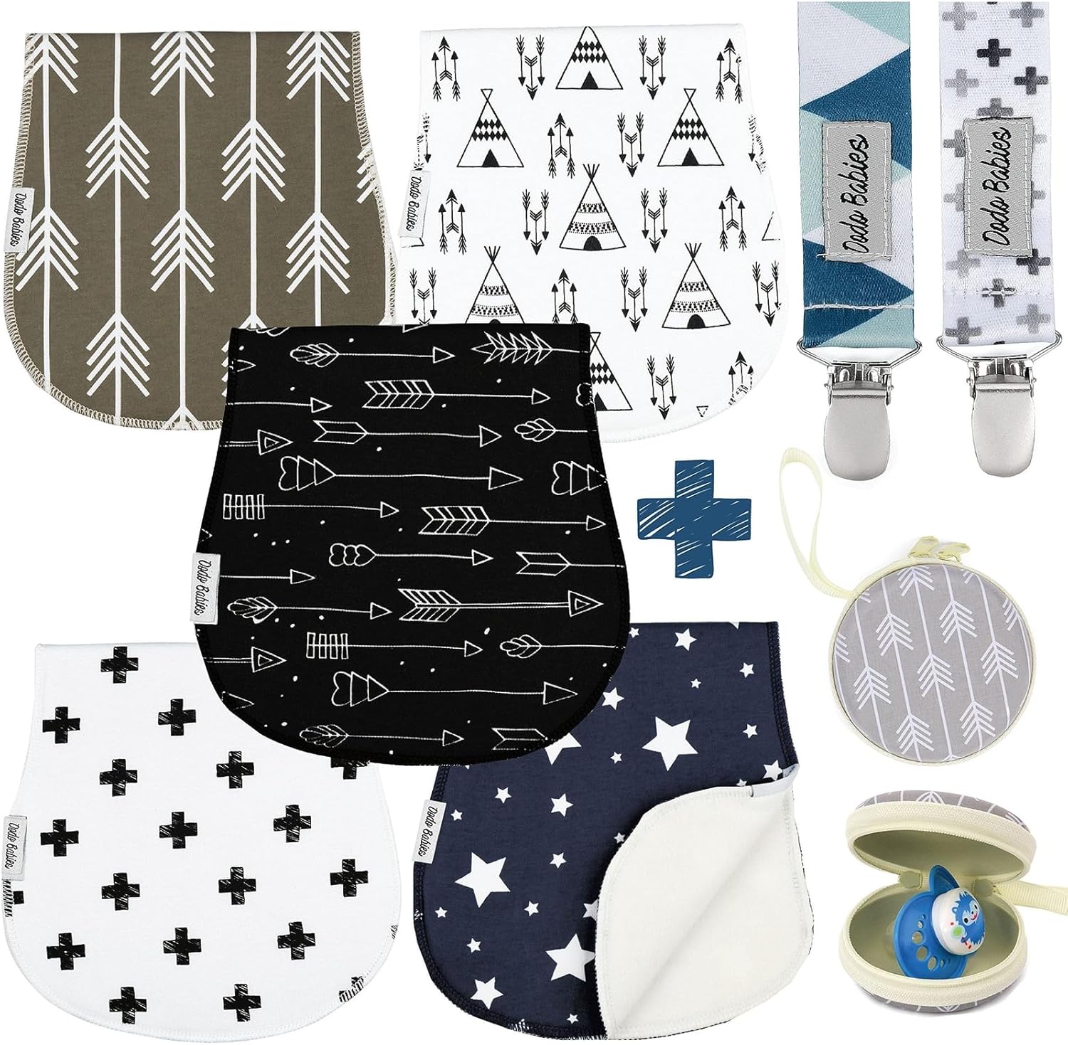 Dodo Babies 5-Pack Baby Burp Cloths - Soft Absorbent & Neutral Burp Cloths - Contoured Shoulder Fit & Baby Boy Essentials - Includes Pacifier Case & Pacifier Clip - Blue Grey Black, 2 Clips & 1 Case - Image 1