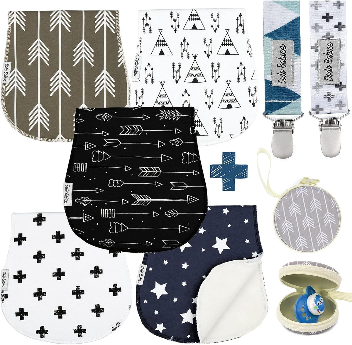 Dodo Babies 5-Pack Baby Burp Cloths - Soft Absorbent & Neutral Burp Cloths - Contoured Shoulder Fit & Baby Boy Essentials - Includes Pacifier Case & Pacifier Clip - Blue Grey Black, 2 Clips & 1 Case - Image 1