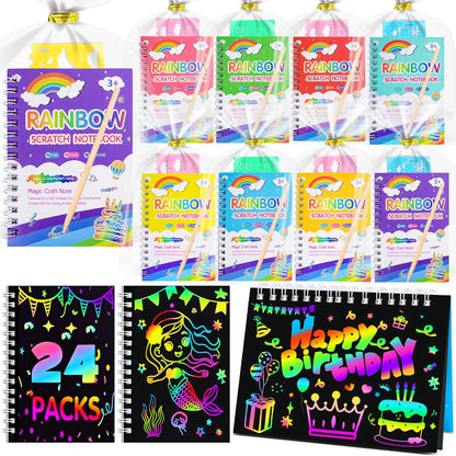 Elover rainbow scratch art notebooks 24 pack front view showcasing the complete party favor box packaging.