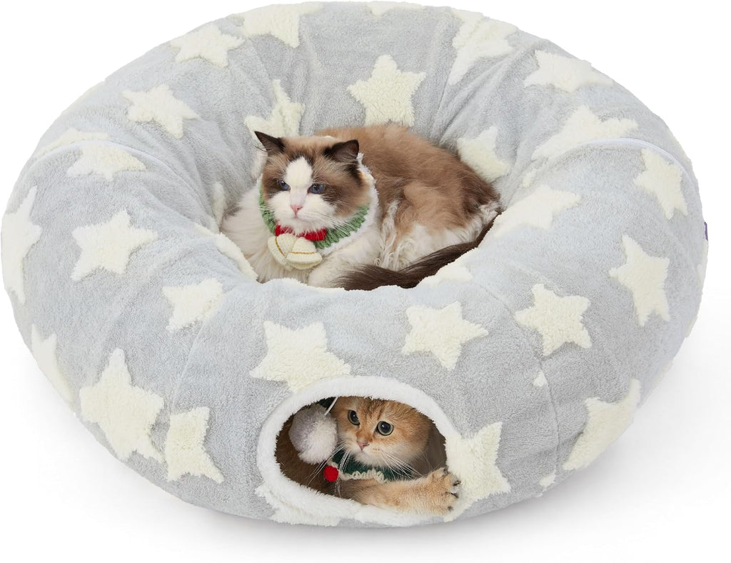 Lesure Cat Tunnel Bed for Indoor Cats - Cute Cat Donut Tunnel Toys for Small Large Cats with Washable Circle Cushion, Round Pet Peekaboo Cave Toy for Kitten/Puppy/Rabbit, Standard Cozy Clouds Blue - Image 14