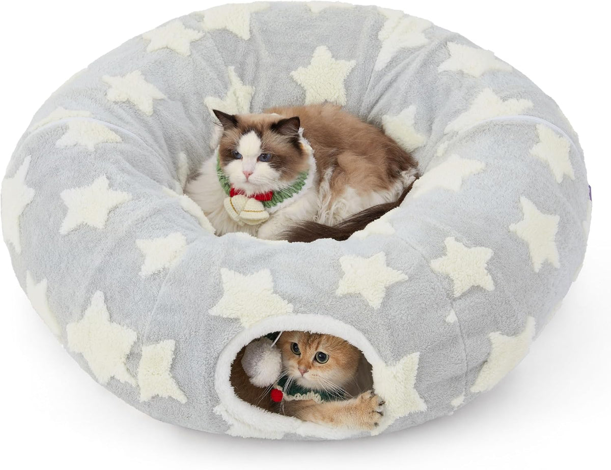 Lesure Cat Tunnel Bed for Indoor Cats - Cute Cat Donut Tunnel Toys for Small Large Cats with Washable Circle Cushion, Round Pet Peekaboo Cave Toy for Kitten/Puppy/Rabbit, Standard Cozy Clouds Blue - Image 14