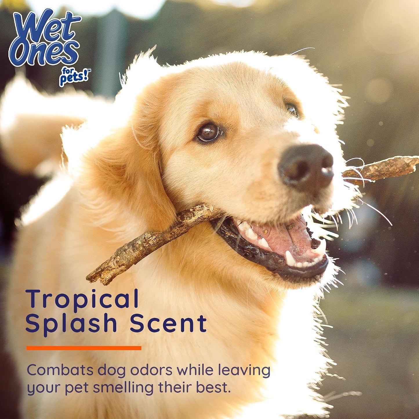Wet Ones Tropical Splash scented heavy duty pet wipes container close up