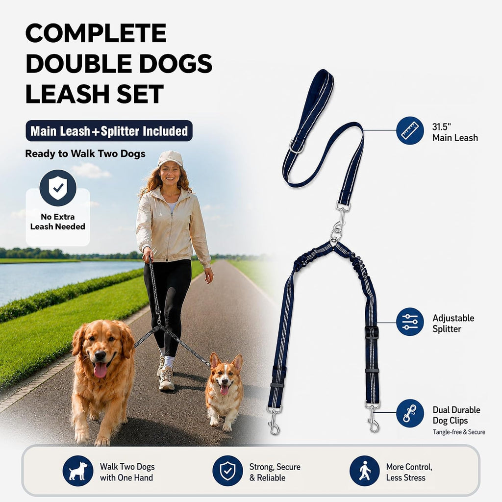 PUEENOD dual dog belt detailing the professional 360-degree swivel metal connector that prevents tangling.