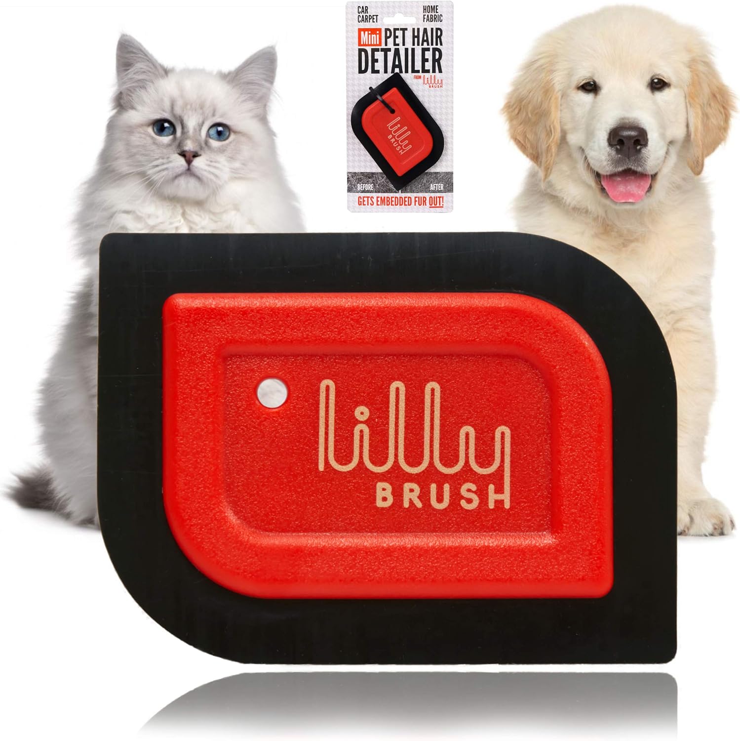 Lilly Brush Mini Pet Hair Detailer front view showcasing the red and black reusable fur remover.