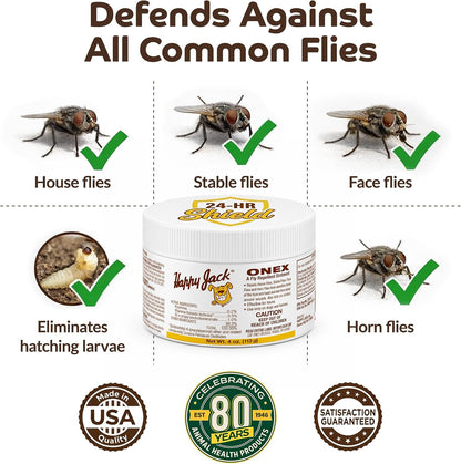 Happy Jack Onex fly repellent wound ointment displaying target species icons for dogs and horses.