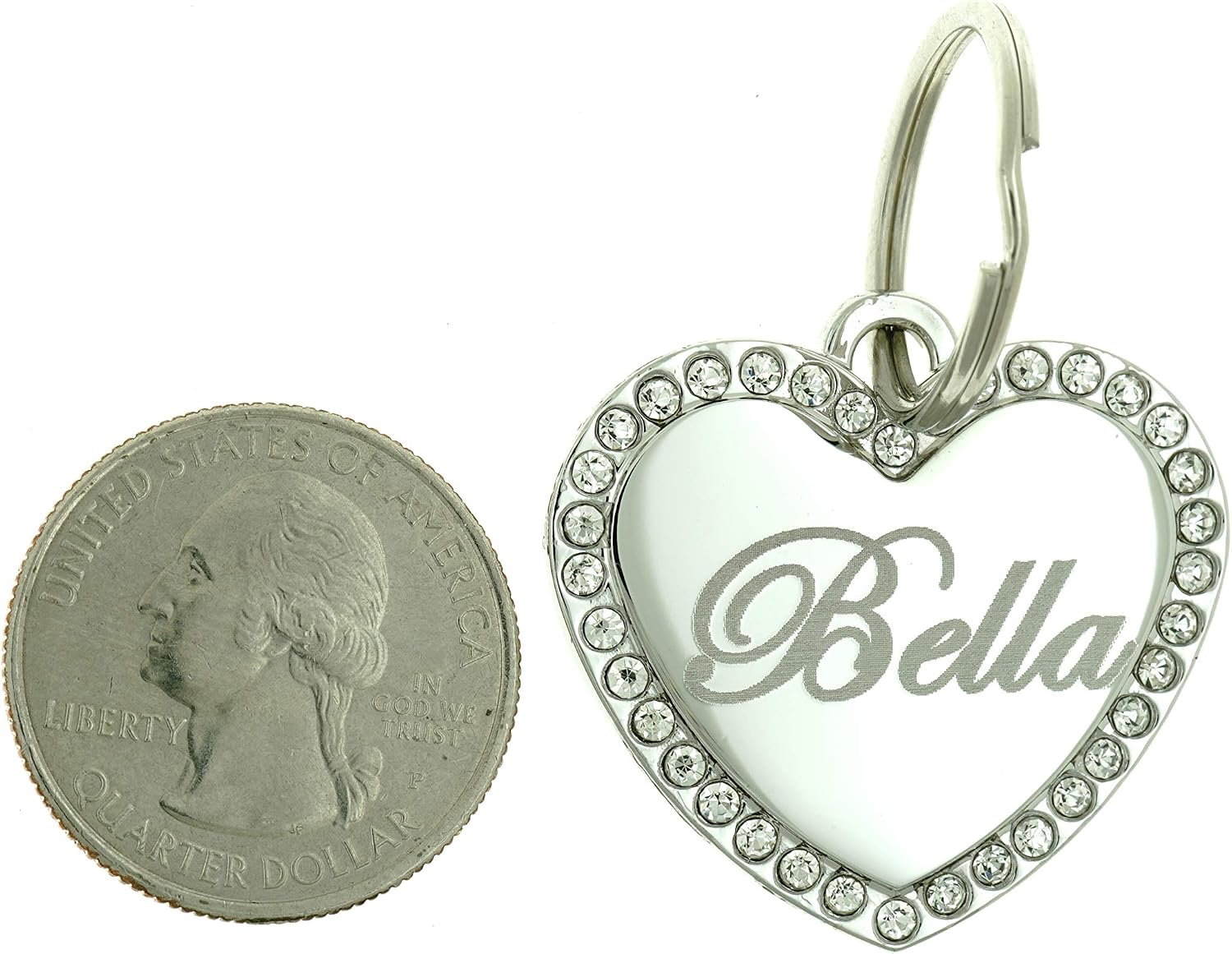 Polished stainless steel custom pet jewelry charm with attached split ring for collars.