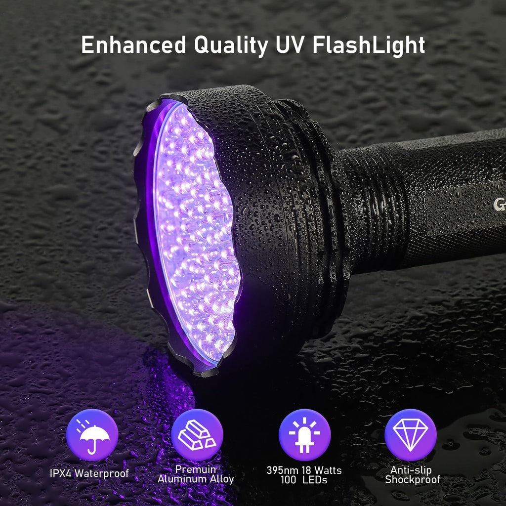 GLOSSDAY 100 LED ultraviolet torch illuminating pet urine stains on a living room carpet.