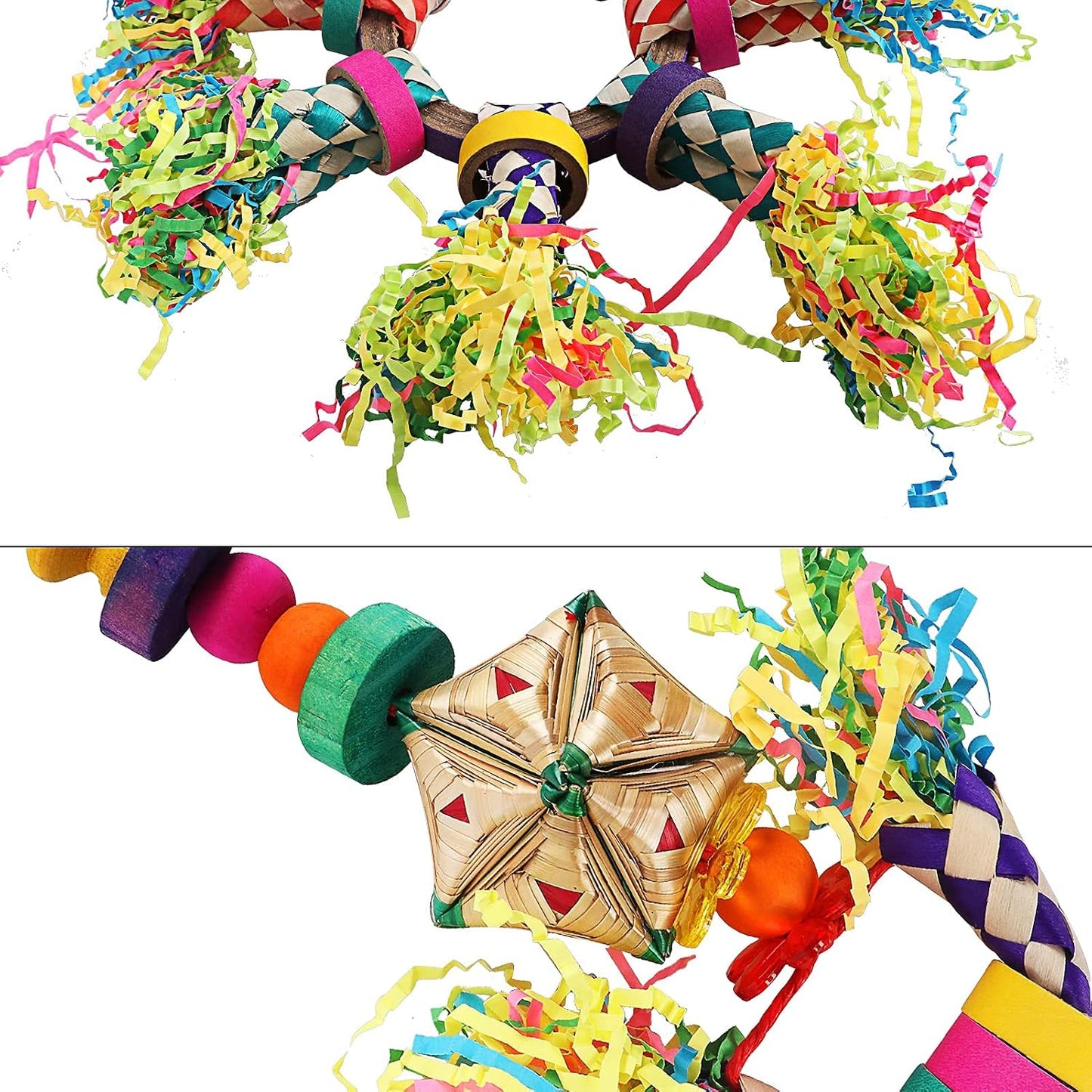 Cockatiel exploring a colorful bird foraging toy with shredded paper components