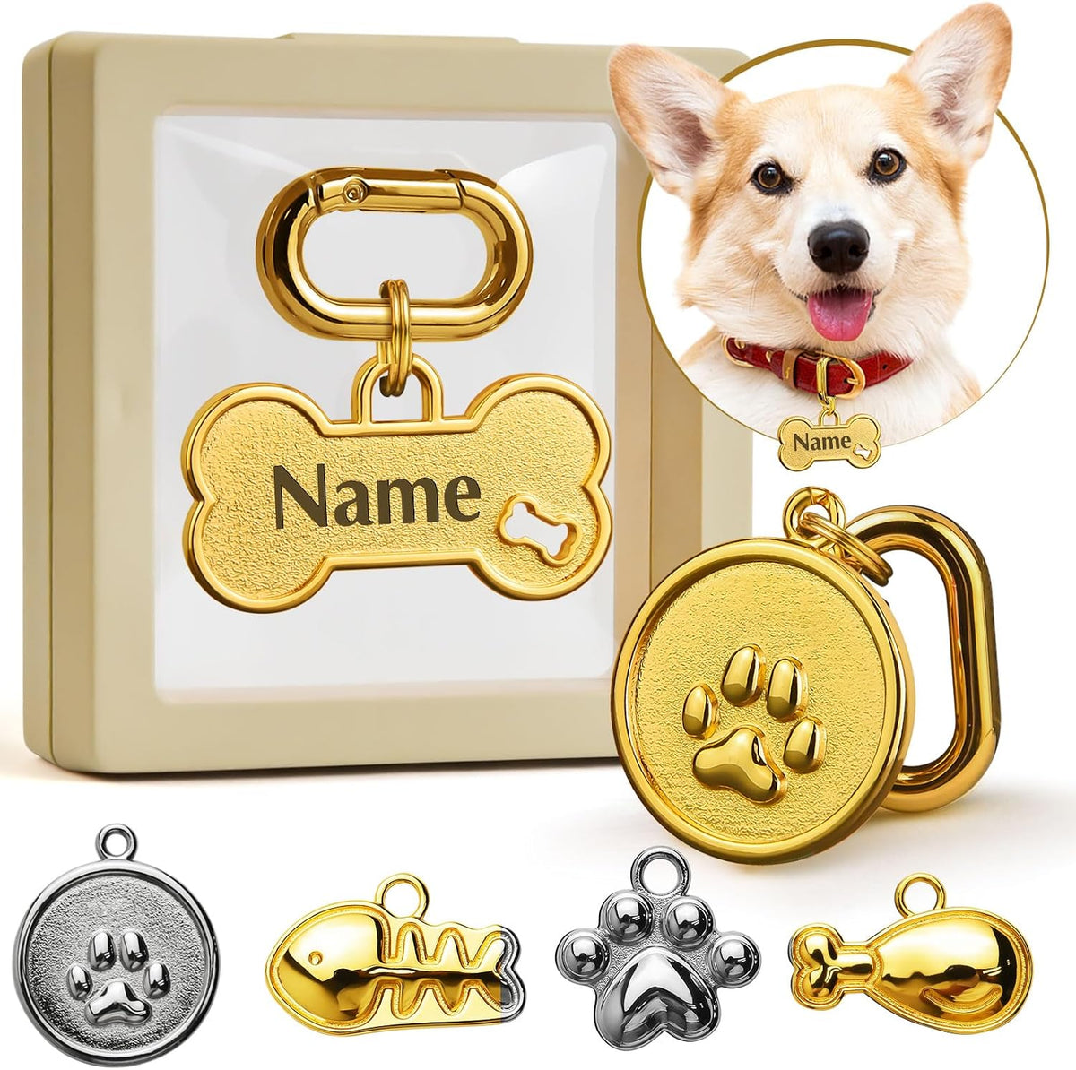 HOPELF 3D personalized engraved dog tag front view showing gold bone shape pet id charm.