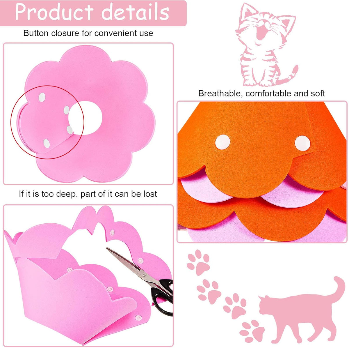 Weewooday four piece soft EVA elizabethan collar set showing snap buttons
