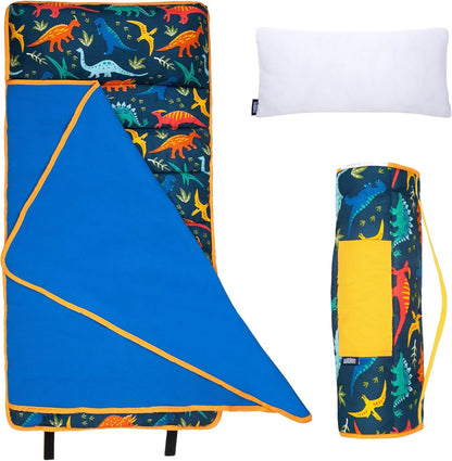 Wildkin kids microfiber nap mat front view showing colorful dinosaur pattern