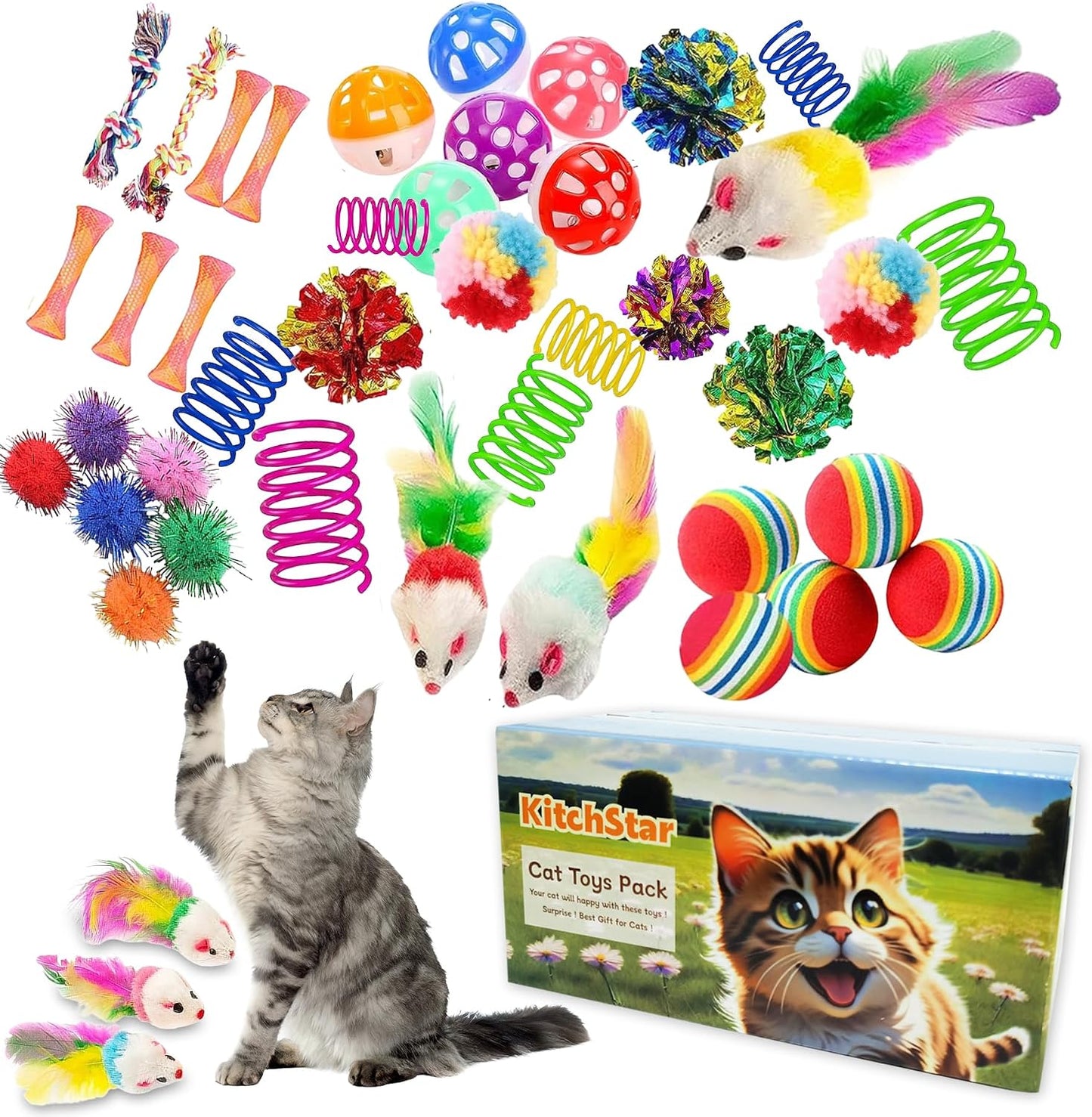 Kitchstar forty six piece cat toys assortment pack front view showing colorful spring toys and crinkle balls.
