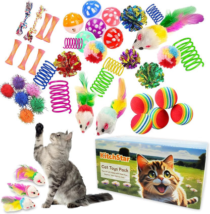 Kitchstar forty six piece cat toys assortment pack front view showing colorful spring toys and crinkle balls.