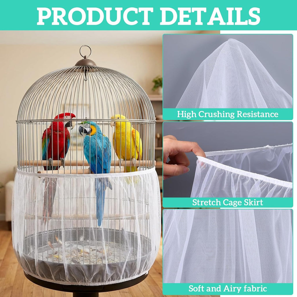 White nylon mesh bird cage skirt wrapped around cage