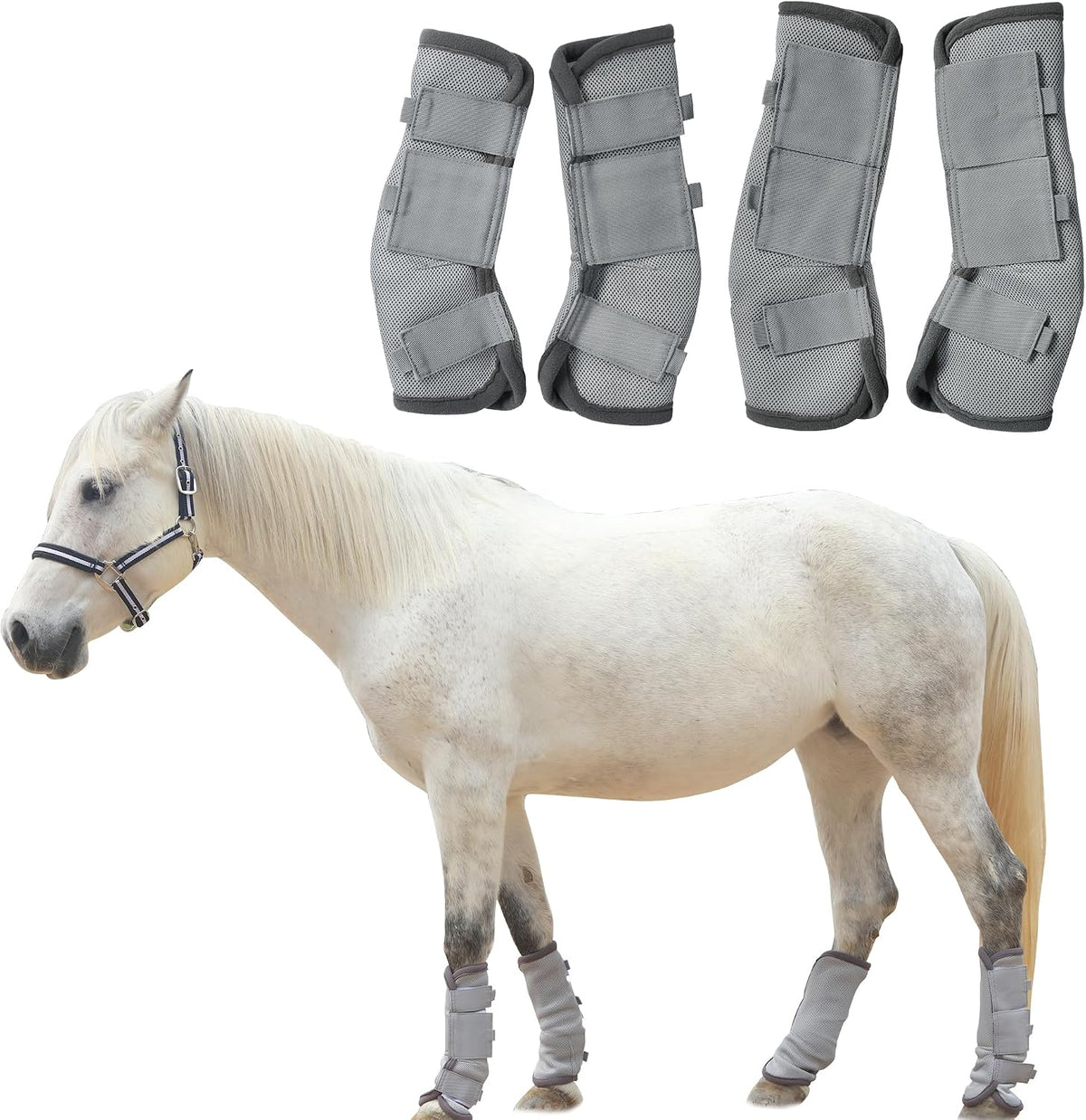 Adjustable Horse Fly Boots Set of 4, Equine Leg Protection Reduce Stomping, Breathable Mesh Fly Boots for Horses, Horse Leggings Leg Guards - Blue - Full - Image 9