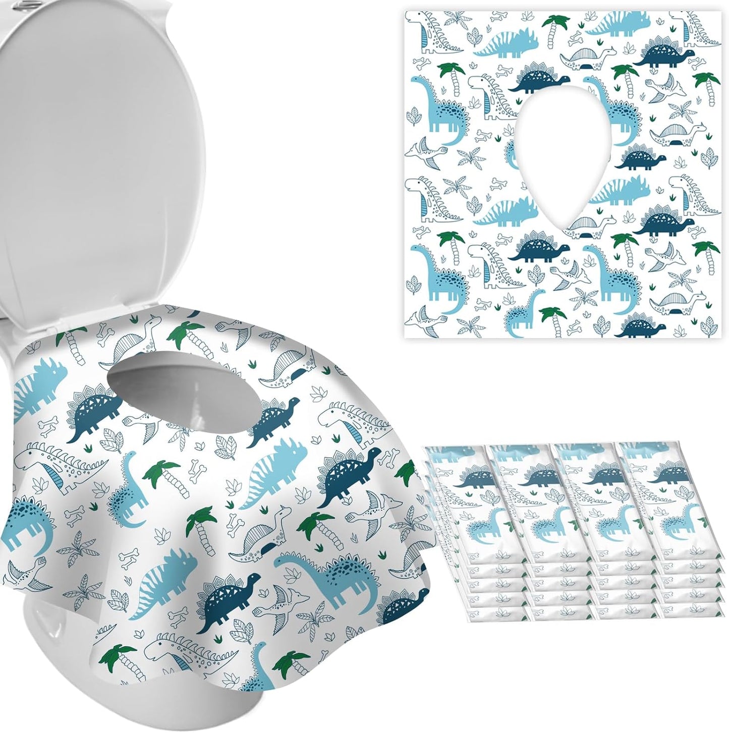 DEEKI disposable toilet seat covers front view of individually wrapped pack with cartoon dinosaur design