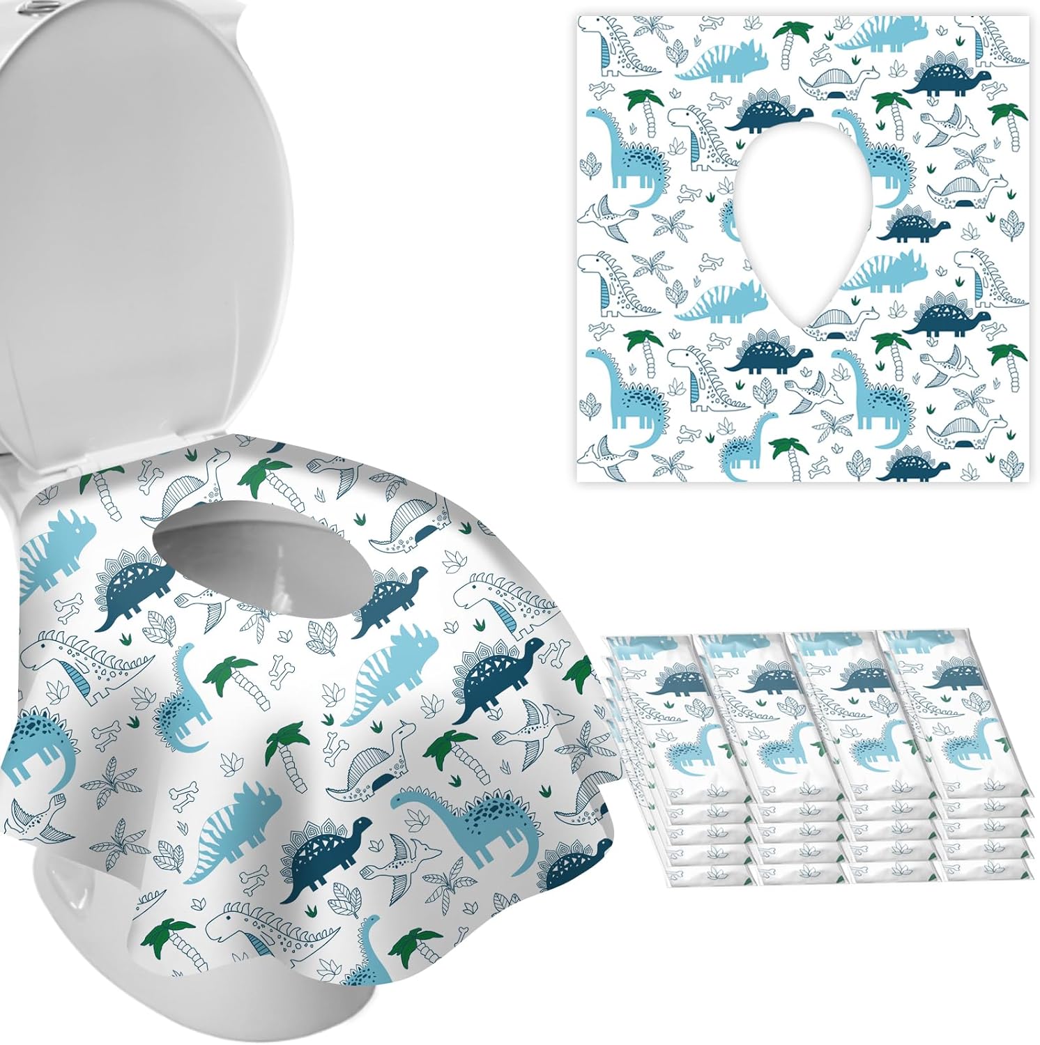 DEEKI disposable toilet seat covers front view of individually wrapped pack with cartoon dinosaur design