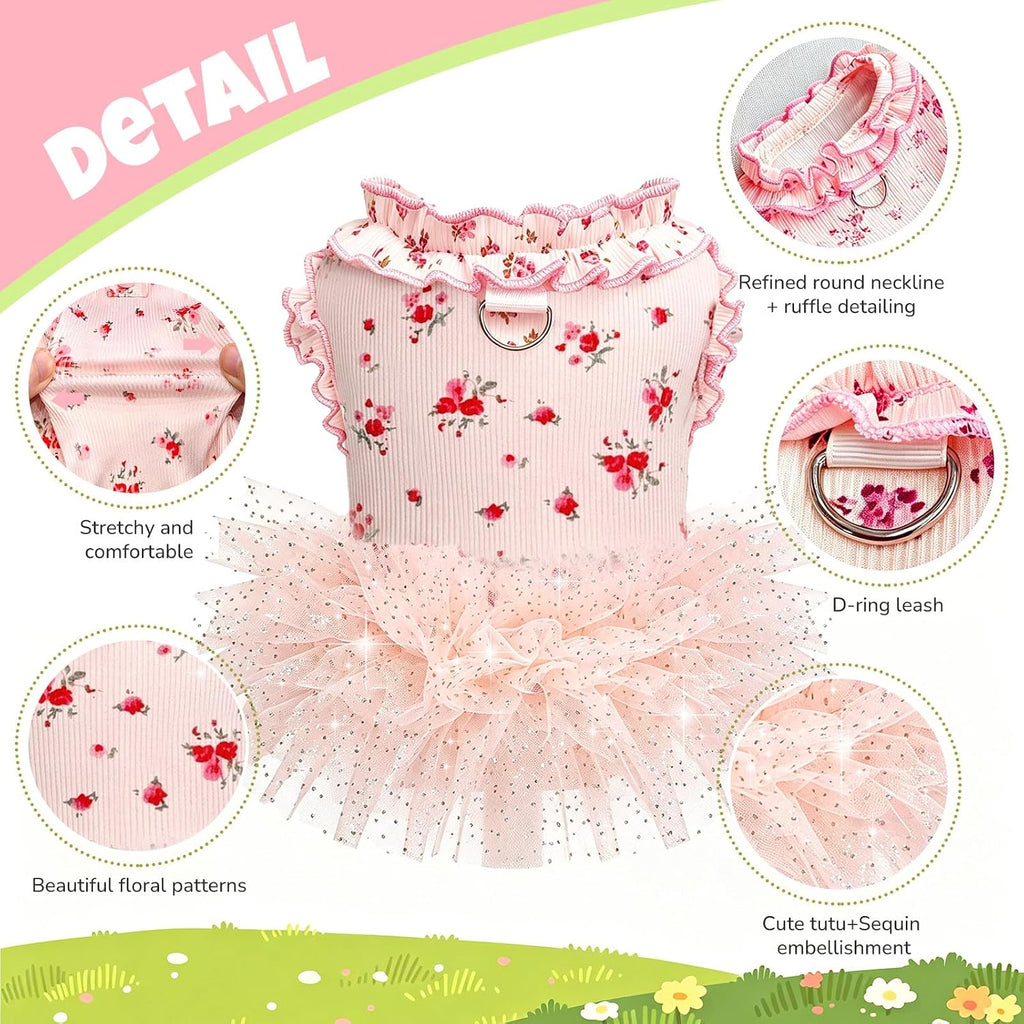 Close up of the shimmering sequin embellished layered tulle on the pet dress