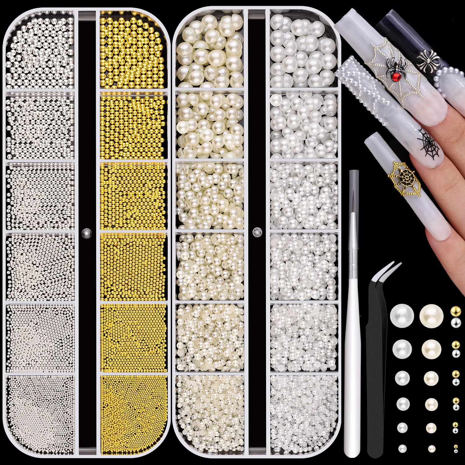 Belleboost flatback pearls and metal nail beads kit front view