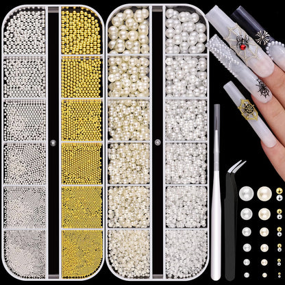 Belleboost flatback pearls and metal nail beads kit front view